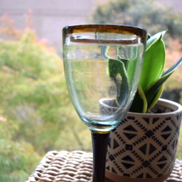 Kalalou Hand Blown Wine Glasses Set of 2 – Amber Rim Recycled Glass - Picture 2 of 7